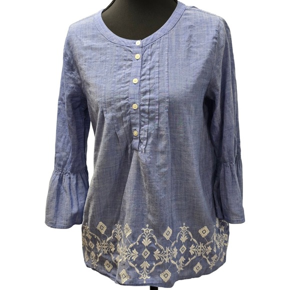LOFT Tops - LOFT Blue Embroidered Bell Sleeve‎ Top Blouse Women's Small